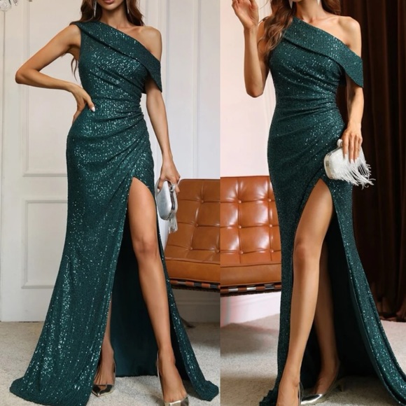 Luxe one shoulder slit thigh party formal evening sequins dress